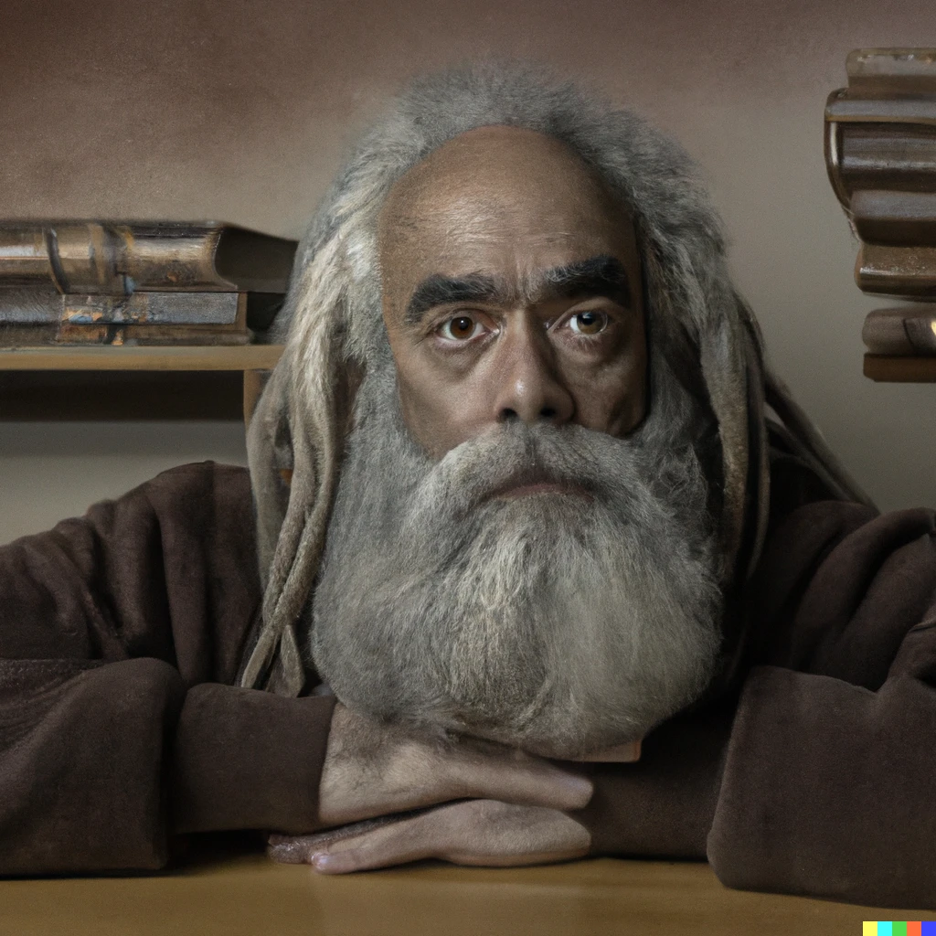 Prompt: Image of an old man with a long beard seated at a table with books piled around him . He is looking off into the distance with a pensive expression on his face . Art styles are Renaissance , Mannerism , and Baroque . Artists include Leonardo da Vinci , Michelangelo Buonarroti , and Rembrandt van Rijn