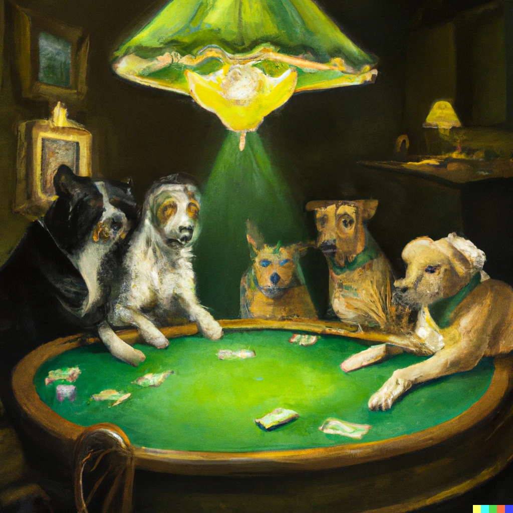 Prompt: An oil painting of various breeds of dog playing poker around a card table with a ceiling lamp above casting a cone of light. One is wearing a green cashiers visor and one is cheating at cards.