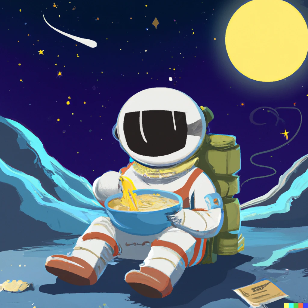 Prompt: Astronaut eating a bowl of ramen on the moon while camping