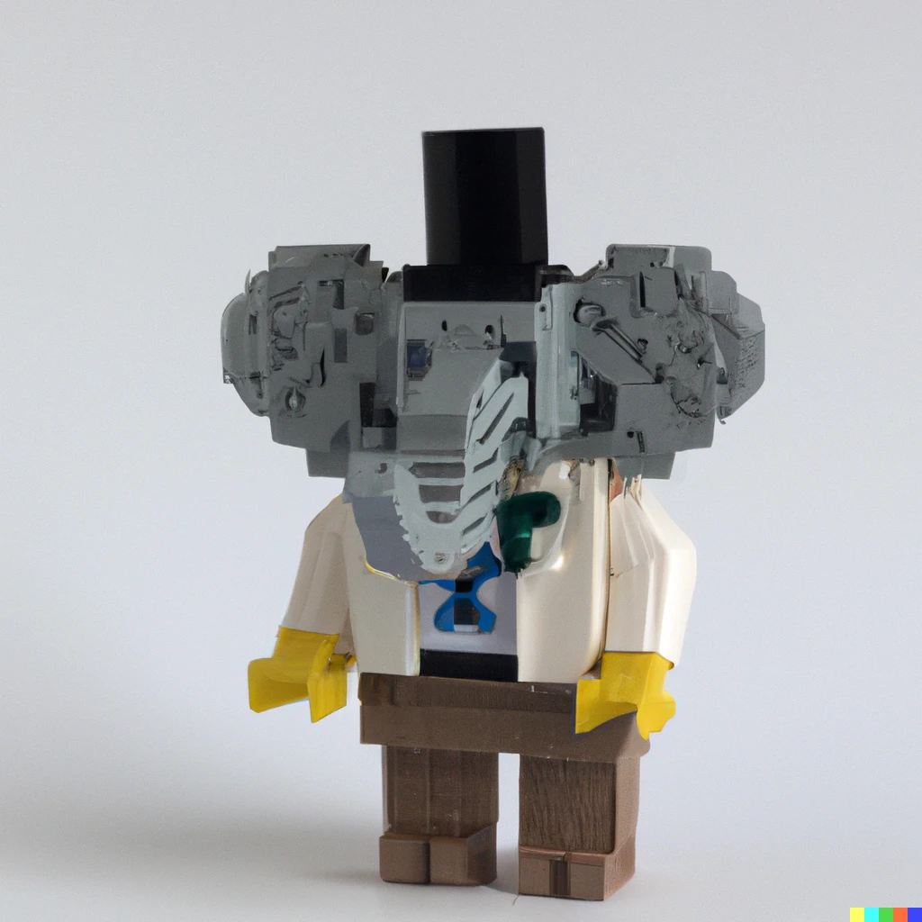 Prompt: An elephant dressed in victorian clothes make of Lego pieces