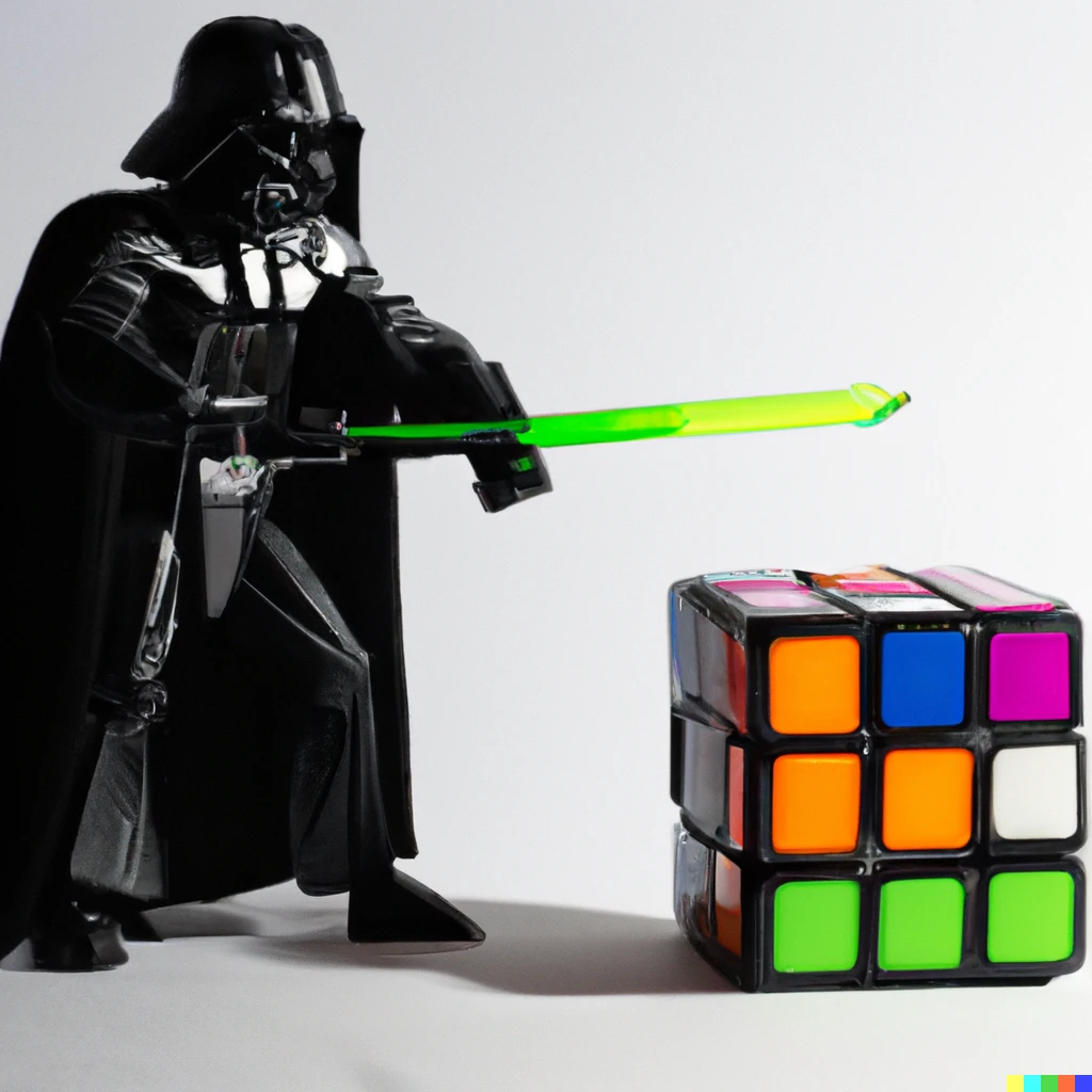 Prompt: Darth Vader fighting a Rubik's cube with a lightsaber