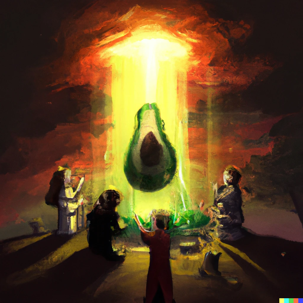 Prompt: people praying to floating avocado while earth explodes, digital art
