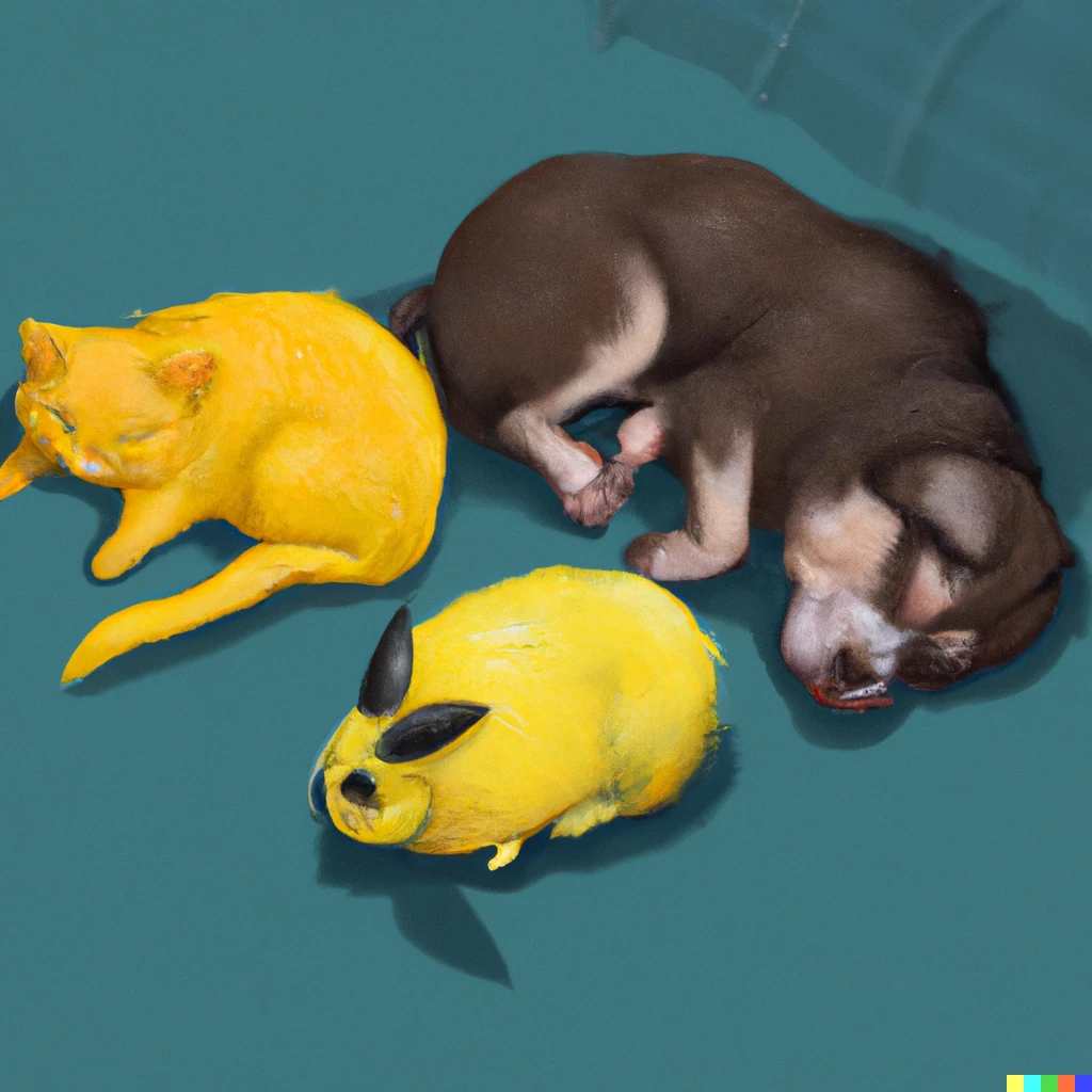 Prompt: A pikachu sleeping next to a cat and a dog in realistic style