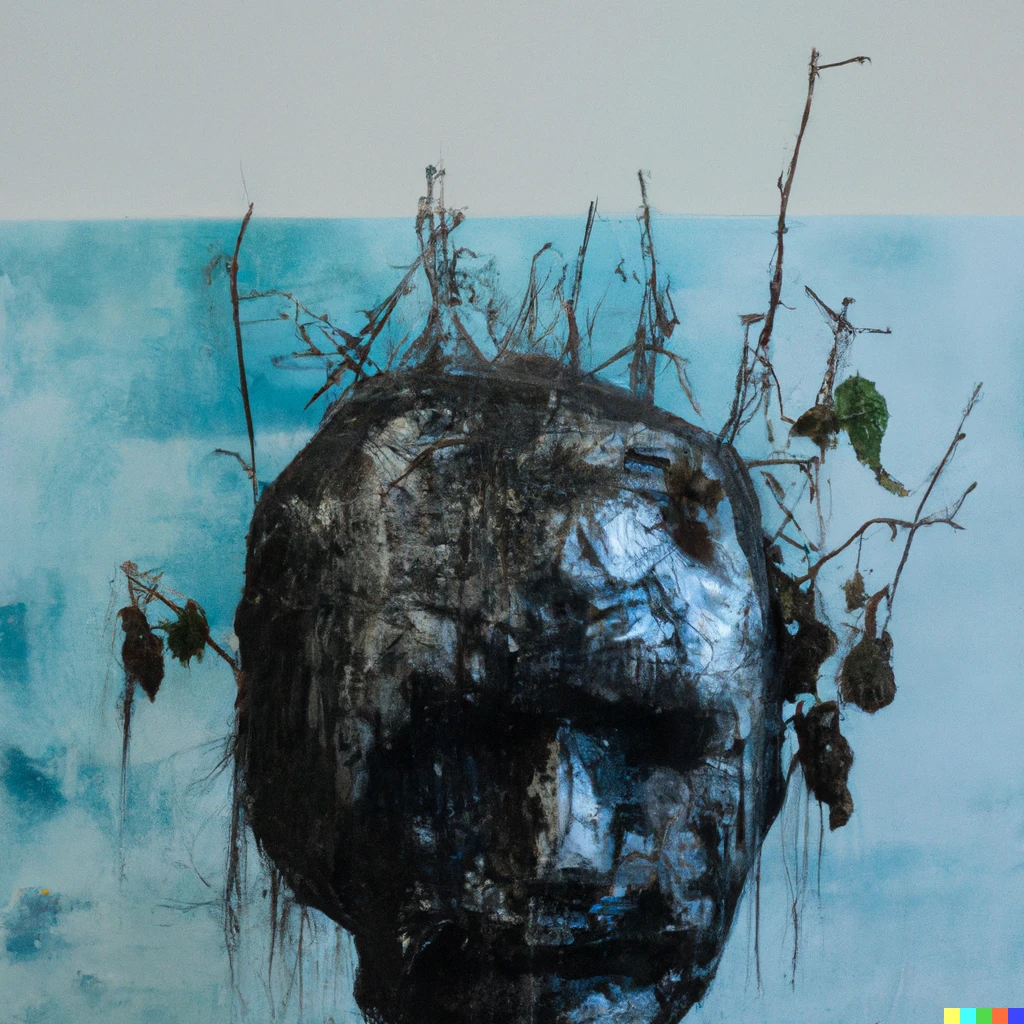 Prompt: A depressed head with basil as hair, light blue background, painting by anselm kiefer, album cover for a black metal band