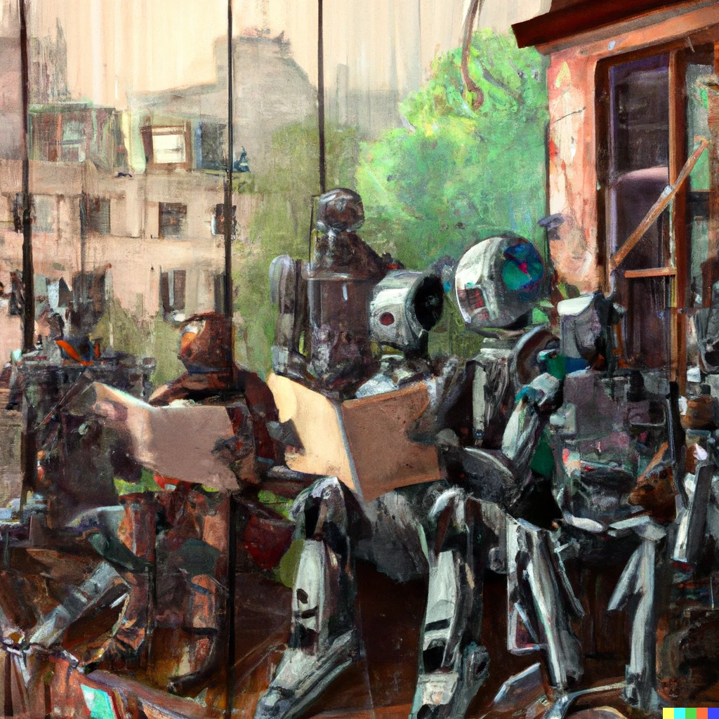 Prompt: science-fiction book club meeting of robots in berlin, digital art