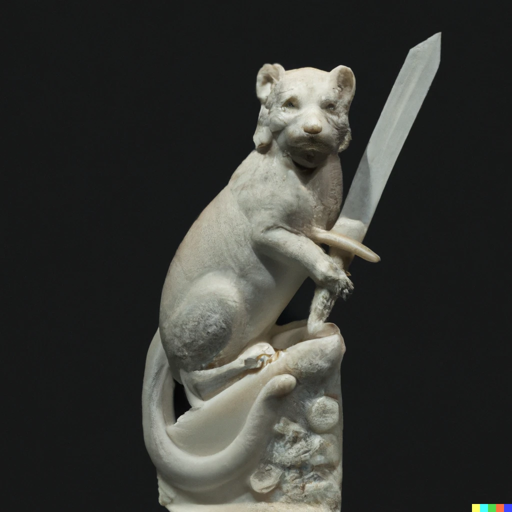 Prompt: an antique statue made of marble of an otter holding a sword, on a pedestal