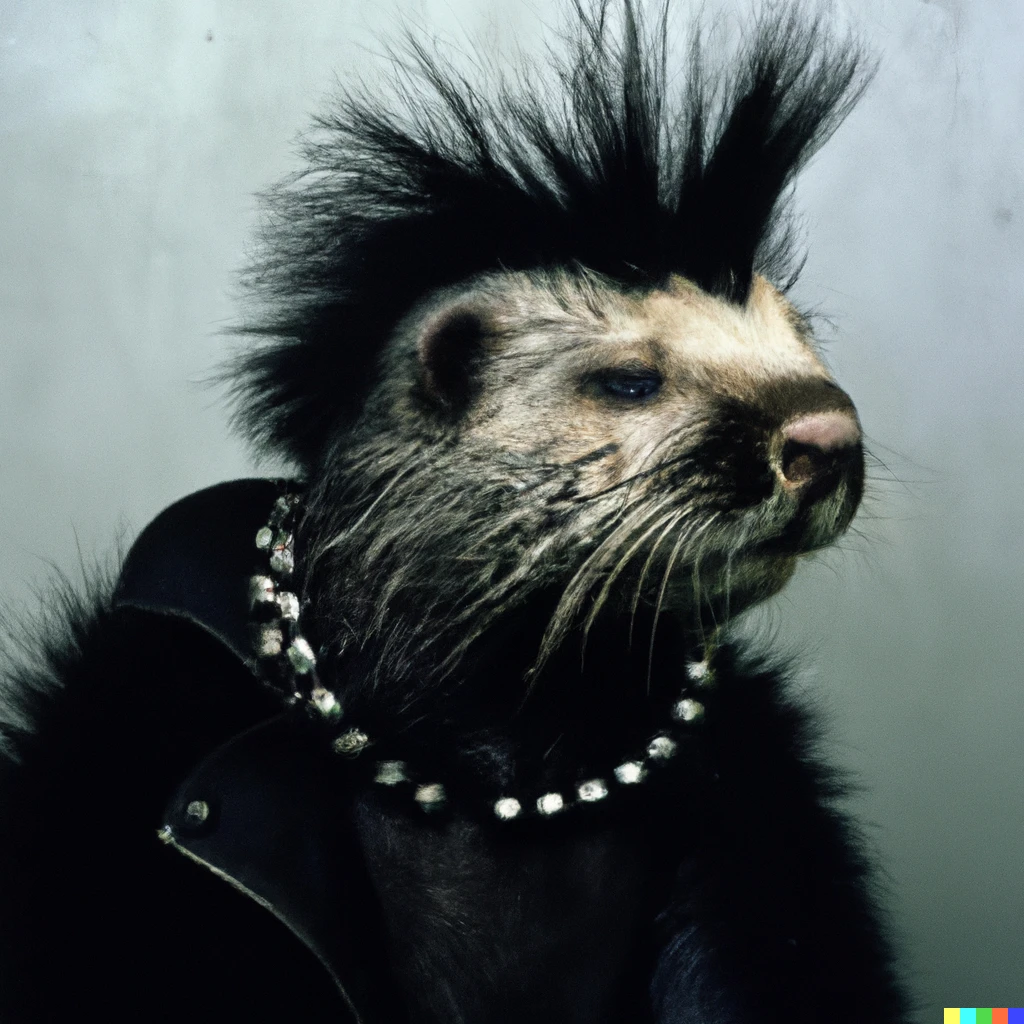 Prompt: an otter dressed as a punk, photograph by anton corbijn