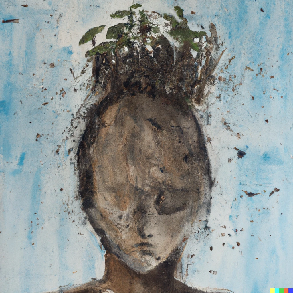Prompt: A depressed head with basil as hair, light blue background, painting by anselm kiefer