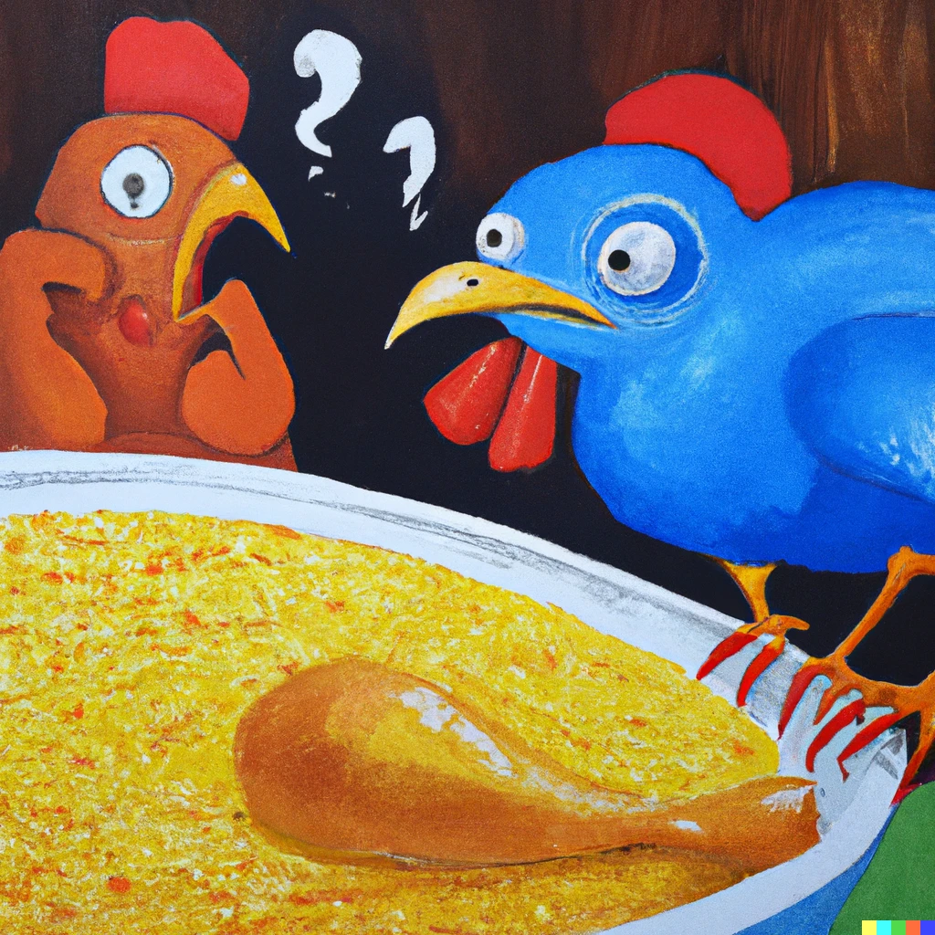 Prompt: a painting depicting: you are telling me that a chicken fried this rice?!
