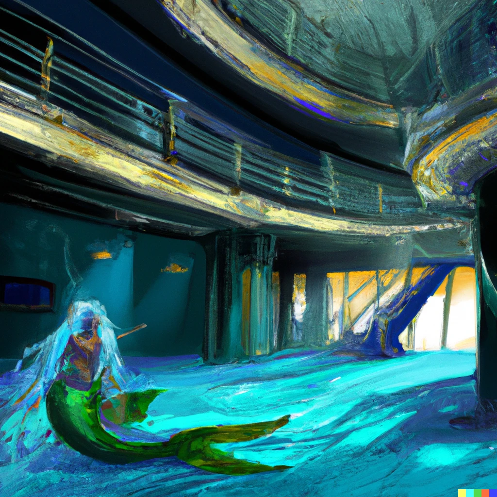Prompt: monster mermaid swimming in a sunken massive cruise ship lobby