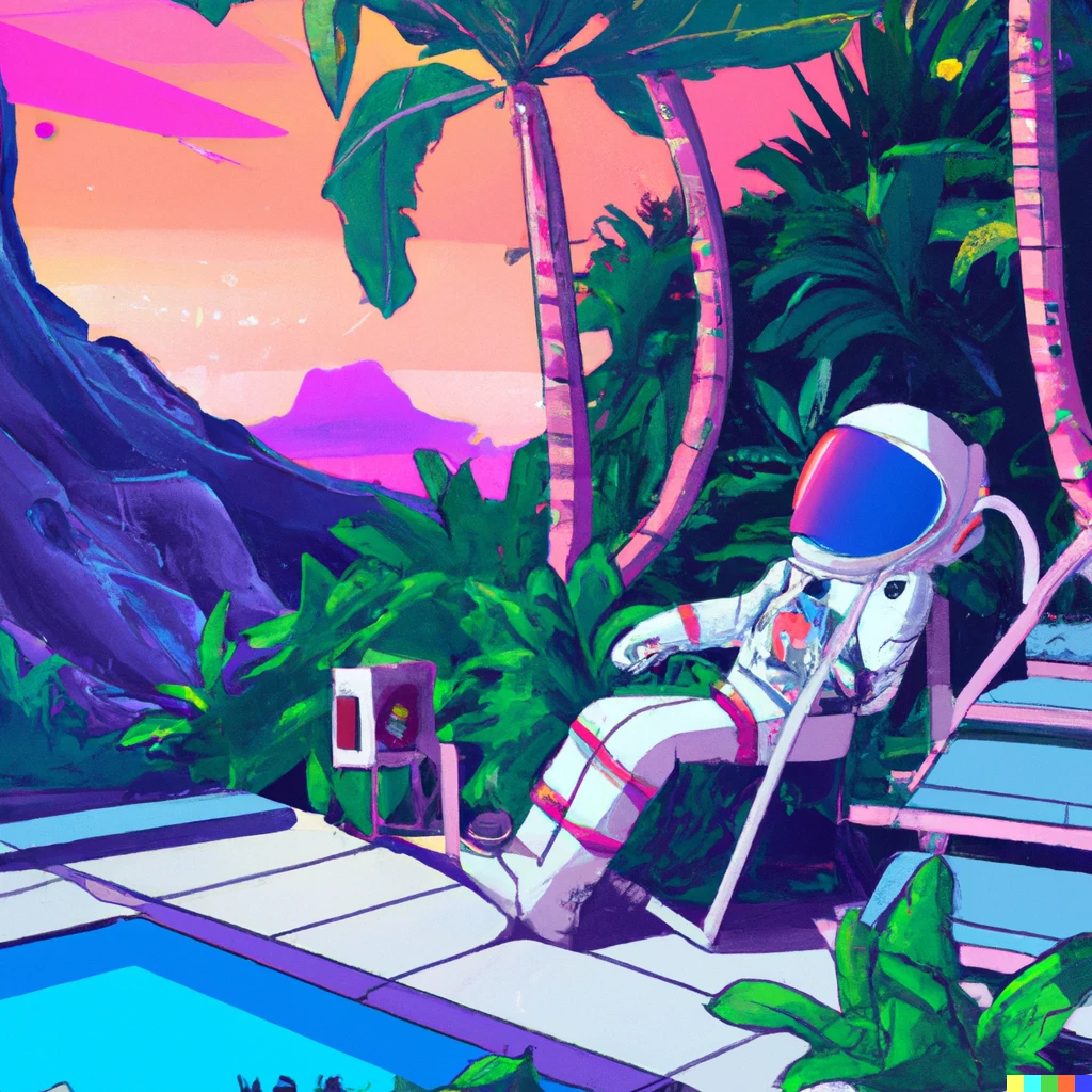 Prompt: an astronaut lounging in a tropical resort in space, vaporwave