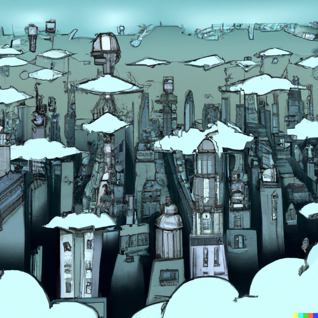 Prompt: New York city in the 22nd century with floating cloud buildings and aliens