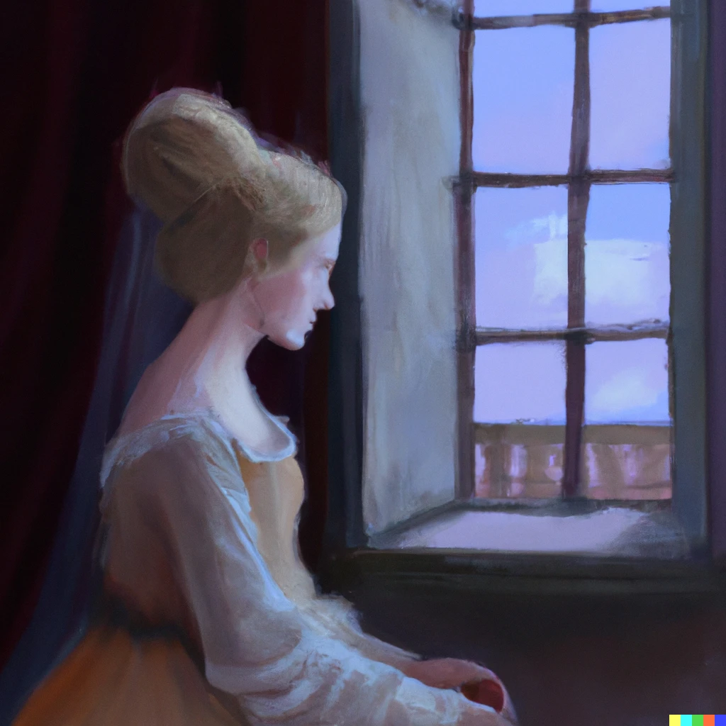 Prompt: A renaissance painting of a girl looking out of a window 