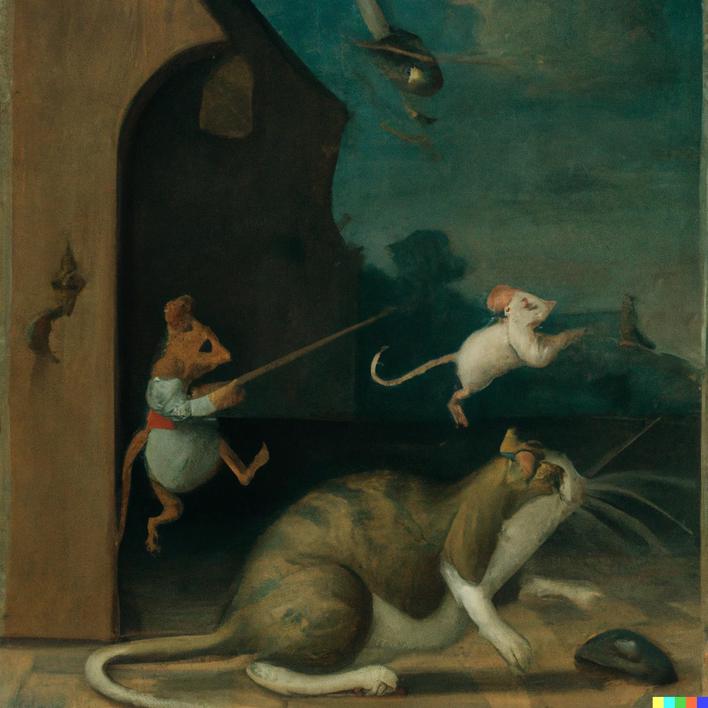 Prompt: cat chasing mouse through time by Hieronymus Bosch
