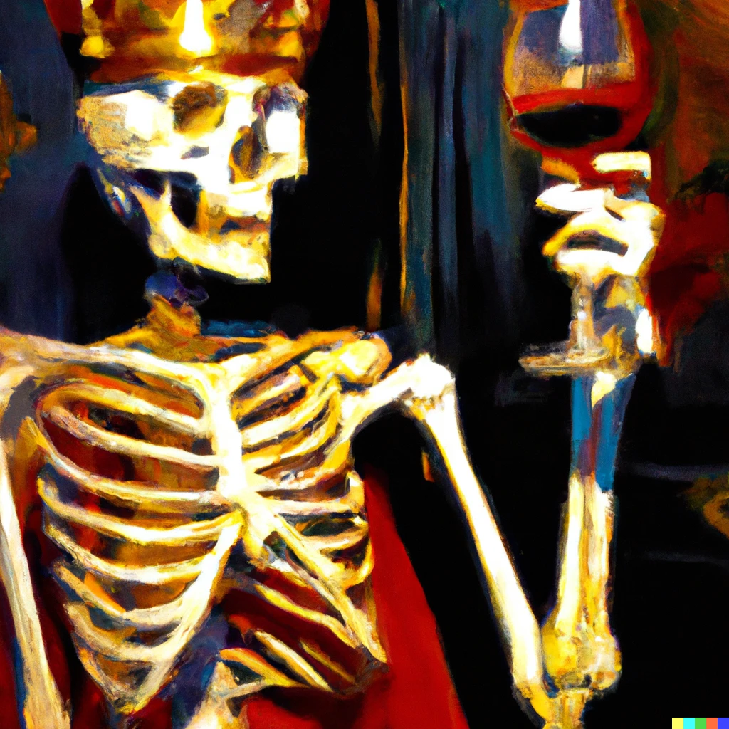 Prompt: An impressionist digital painting of a skeleton with white bones wearing a golden crown and sipping red wine out of a golden goblet from its left hand