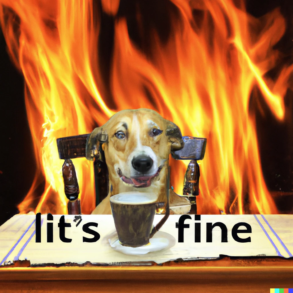 Prompt: a dog drinking coffee at the table surrounded by flames within a burning kitchen exclaming " this is fine "