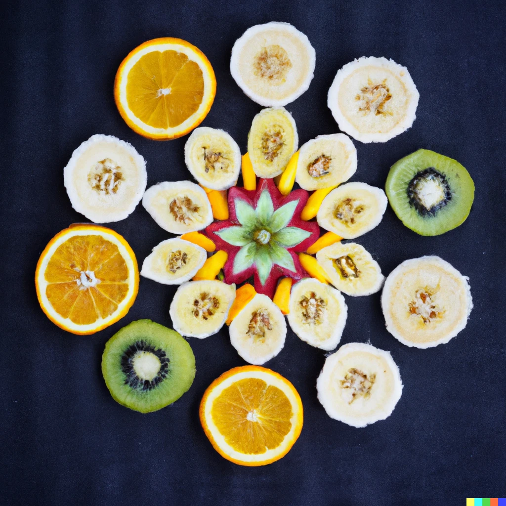 Prompt: A mandala made of fruit slices in front of a clack background