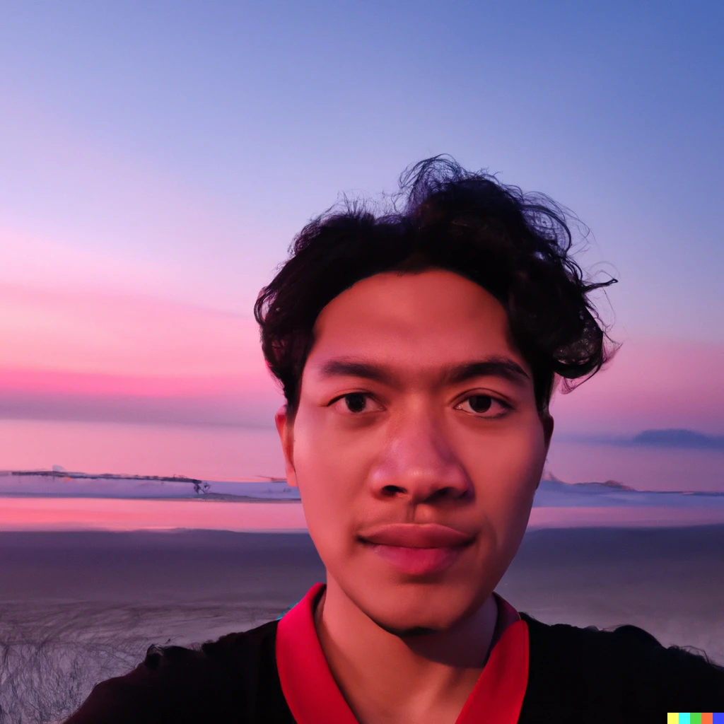 Prompt: Selfie of a 25 year old male with long dark brown hair and slight stubble, with the backdrop being a beautifully scenic beach with a vibrant pink and orange sunset, photo, 8k