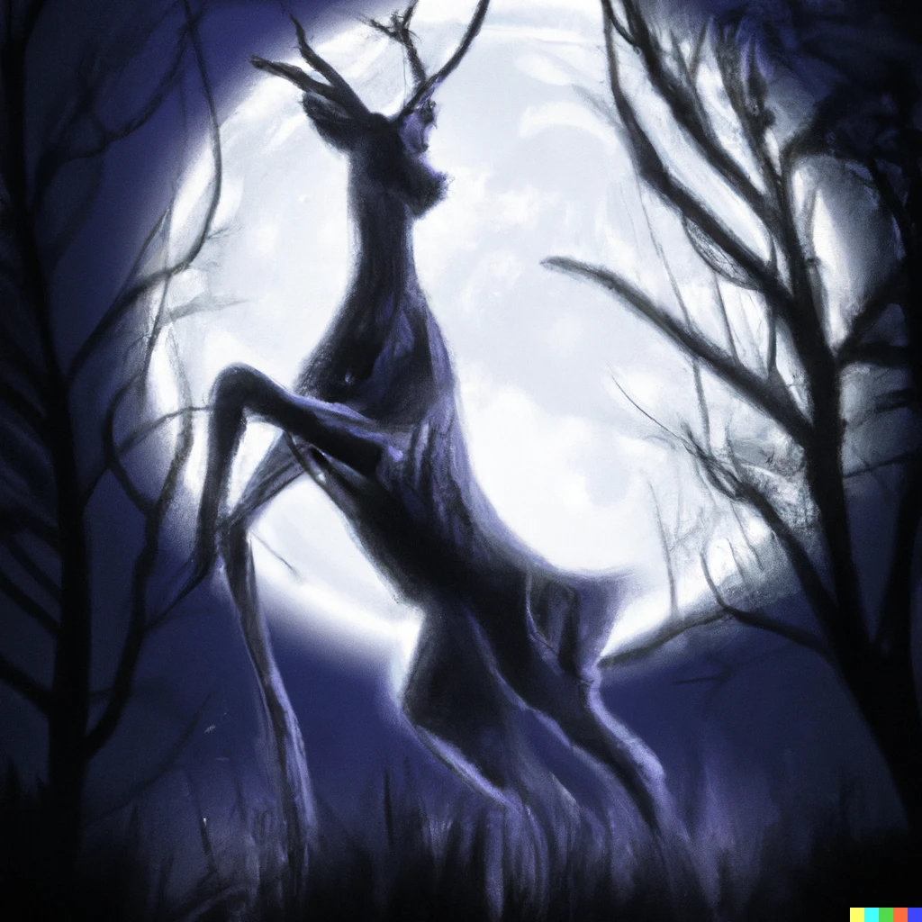 Prompt: a photorealistic image of a not deer standing on its hind legs with glowing eyes in moonlight