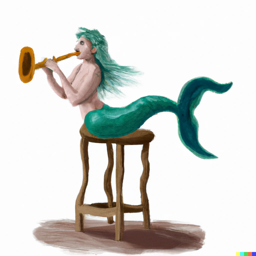 Prompt: A mermaid sitting on a milking stool playing the bassoon