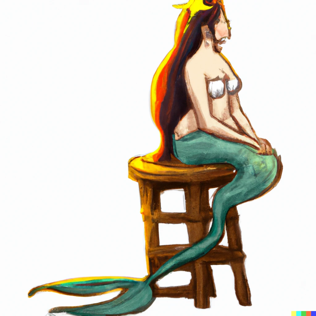 Prompt: A mermaid sitting on a milking stool