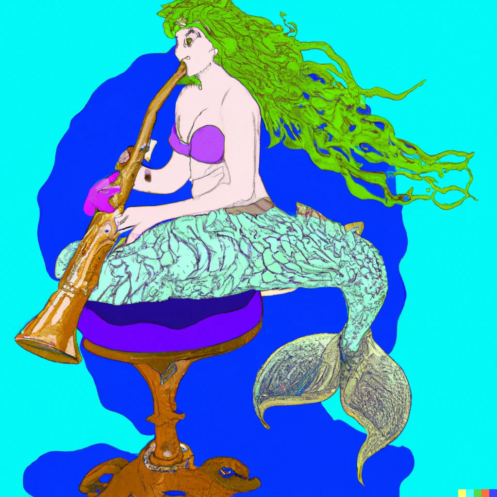 Prompt: A mermaid sitting on a milking stool playing the bassoon
