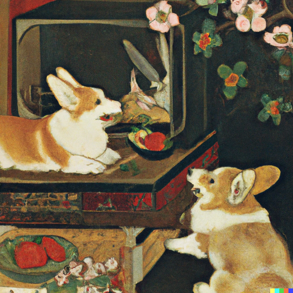 Prompt: An ukiyo-e painting of a corgi and a rabbit eating strawberries in front of a television ser.