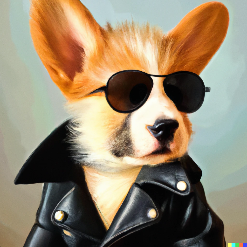 Prompt: "A corgi puppy with a mohawk and sunglasses wearing a leather jacket" by Johannes Vermeer.
