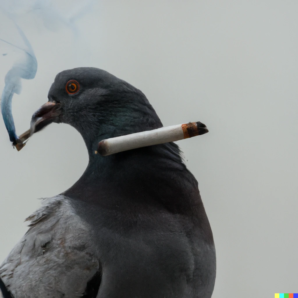 Prompt: Pigeon smoking a cigarette and wearing a smoking 