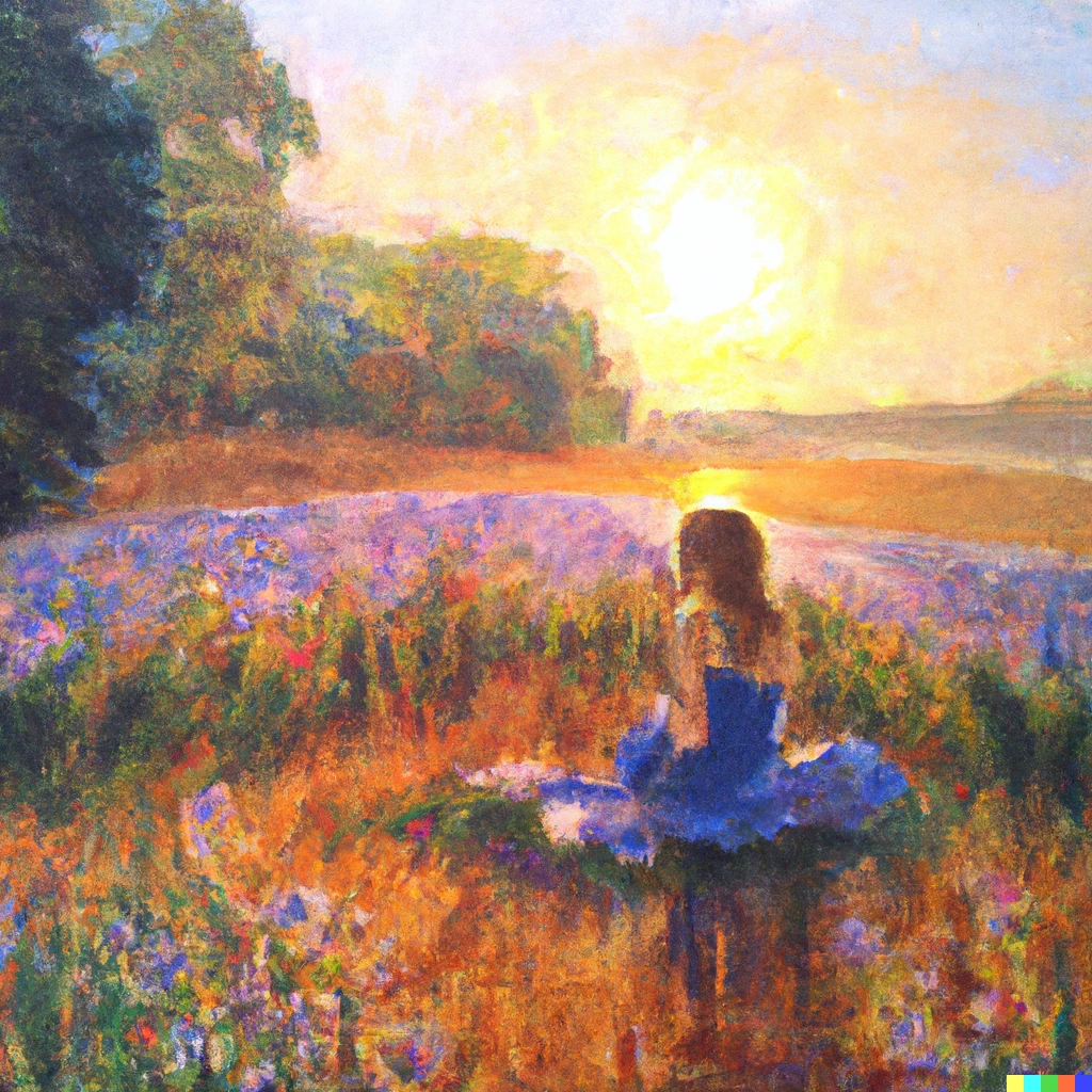 Prompt: a painting of a girl sitting in a field at sunrise in the style of Claude Monet