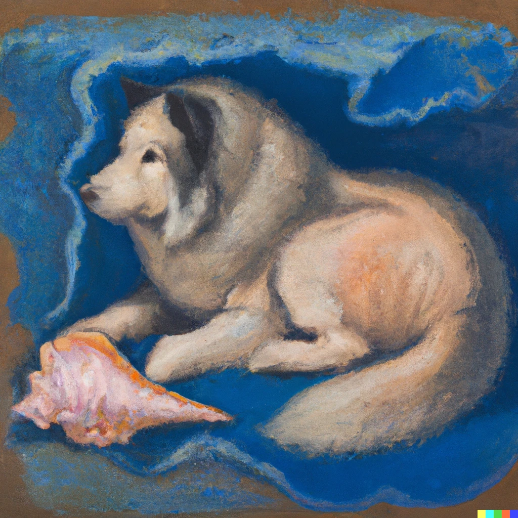 Prompt: Ancient painting depicting a Samoyed resting upon a blue conch shell 