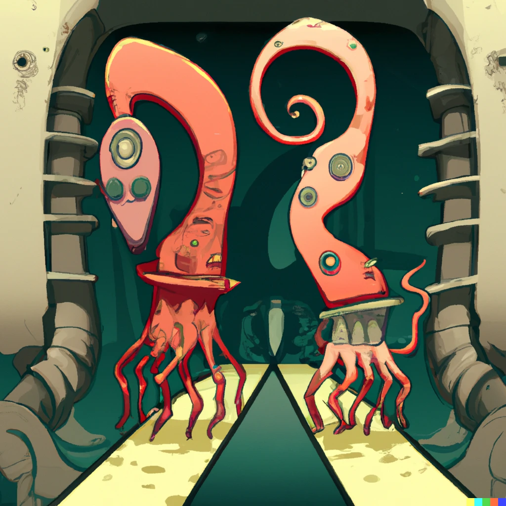 Prompt: Two aliens, with heads like octopi and bodies like old decrepit slugs covered in spines, are slithering down a long steampunk corridor