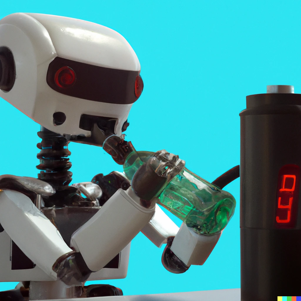 Prompt: A robot drinking fuel and charging realistic photo