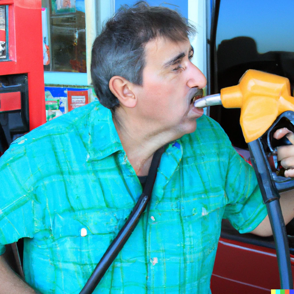 Prompt: man drinking from the gasoline pump