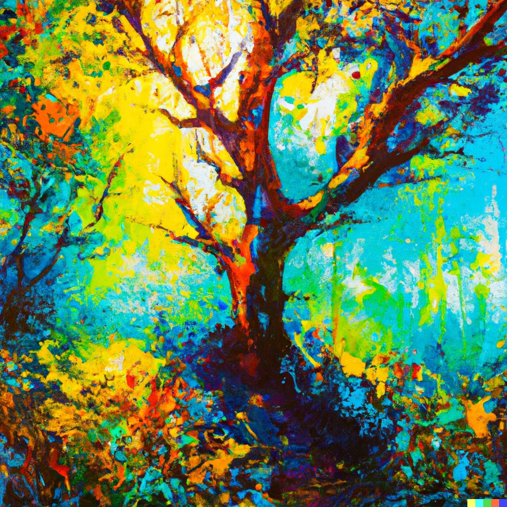 Prompt: Modern painting of a tree in the woods by Rotko on oil canvas.