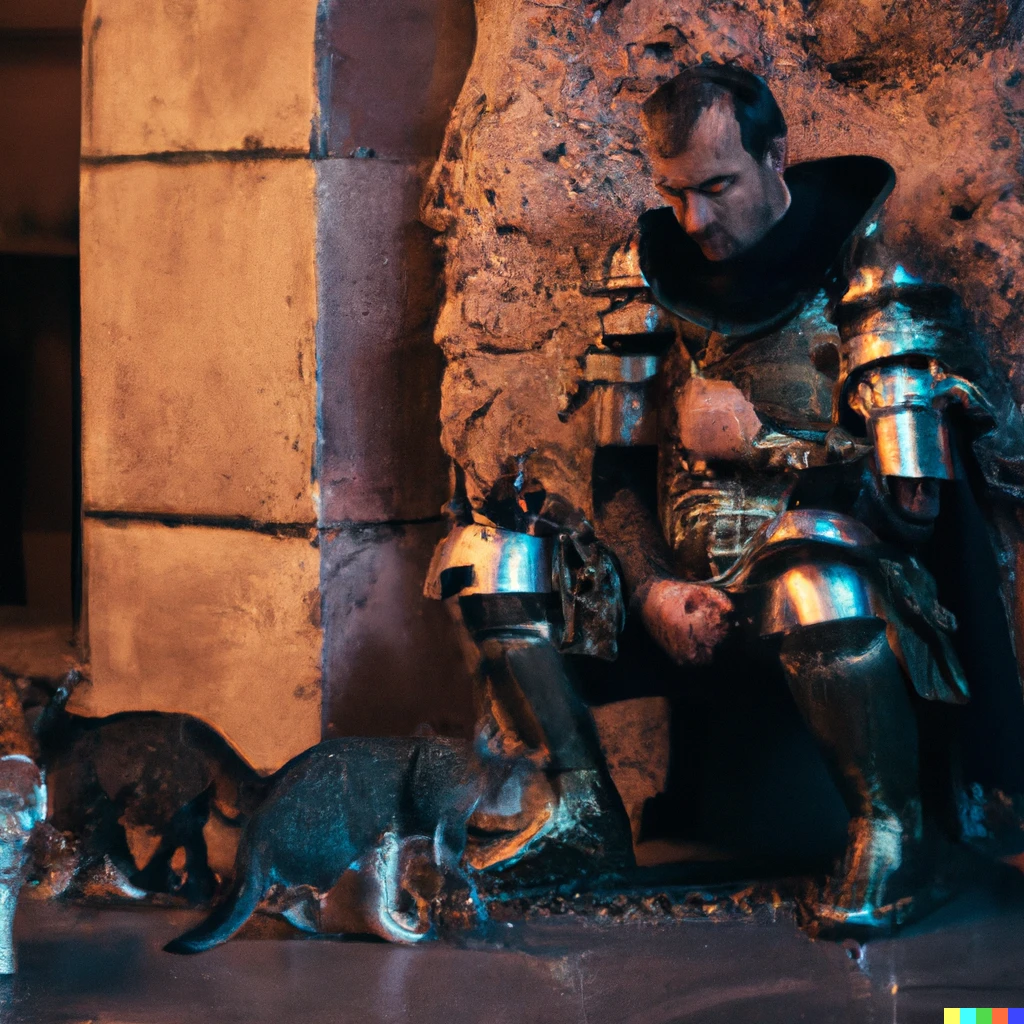 Prompt: An Armored Antique Roman General feeds the cats in the street. cyberpunk era