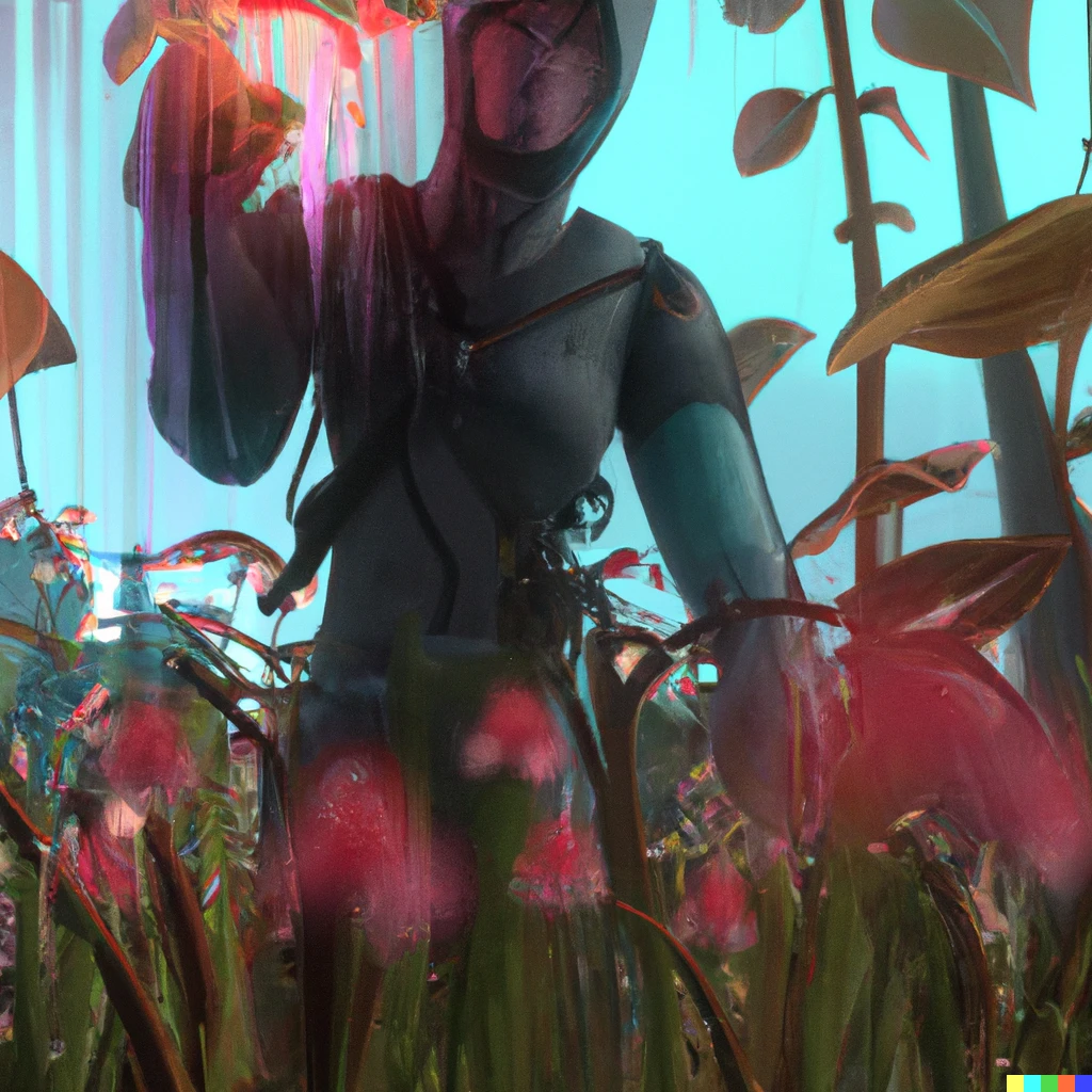 Prompt: A picture of Beeple as a gardener in a future universe, digital art