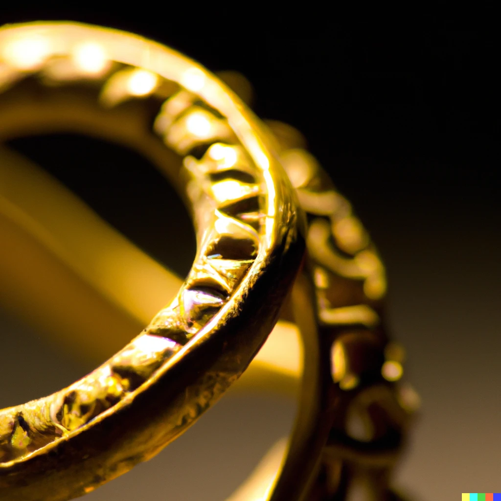 Prompt: A very detailed close-up view of a 16th century gold ring that unfolds into an astronomical sphere, with direct spotlight and a blurred background.