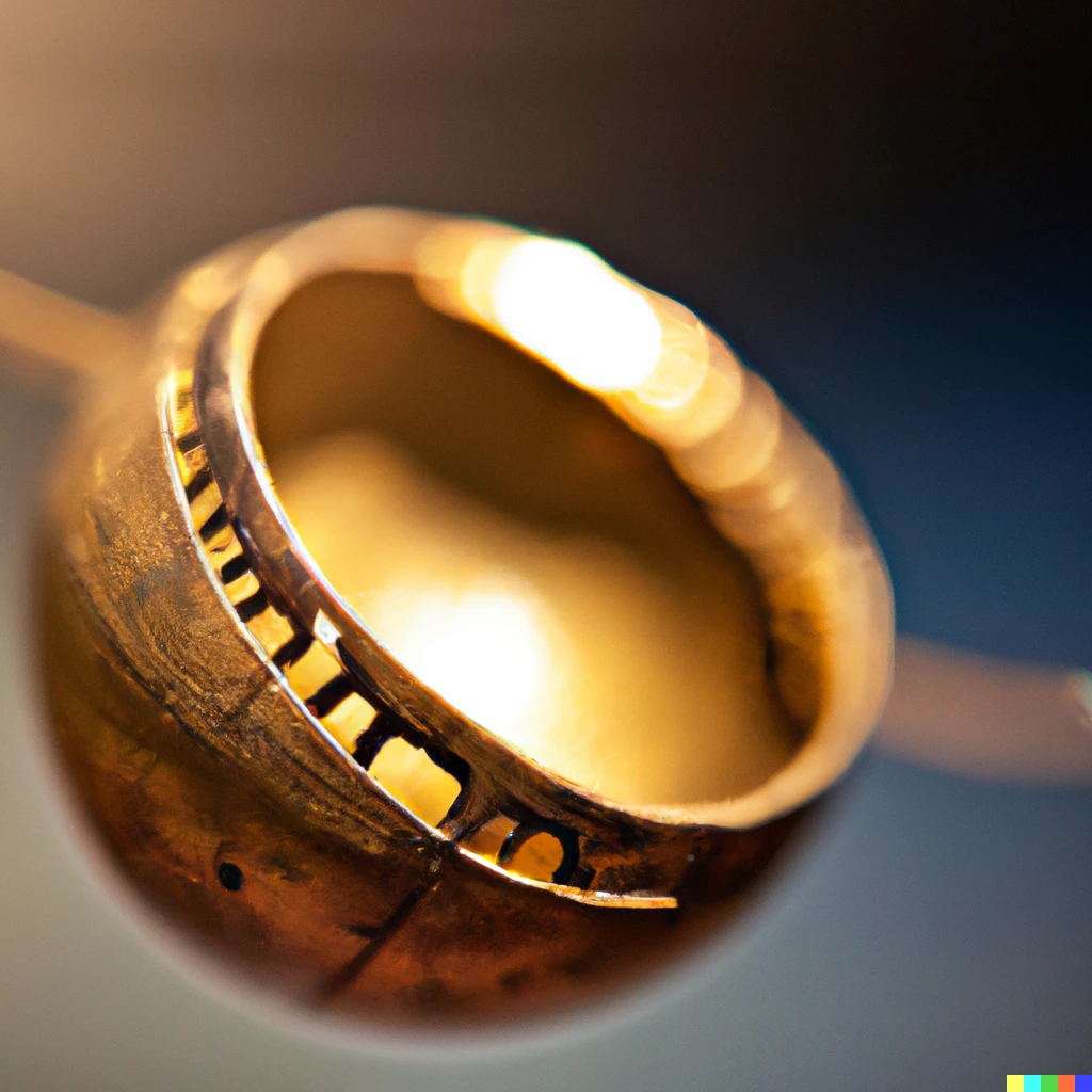 Prompt: A very detailed close-up view of a 16th century gold ring that unfolds into an astronomical sphere, with direct spotlight and a blurred background.