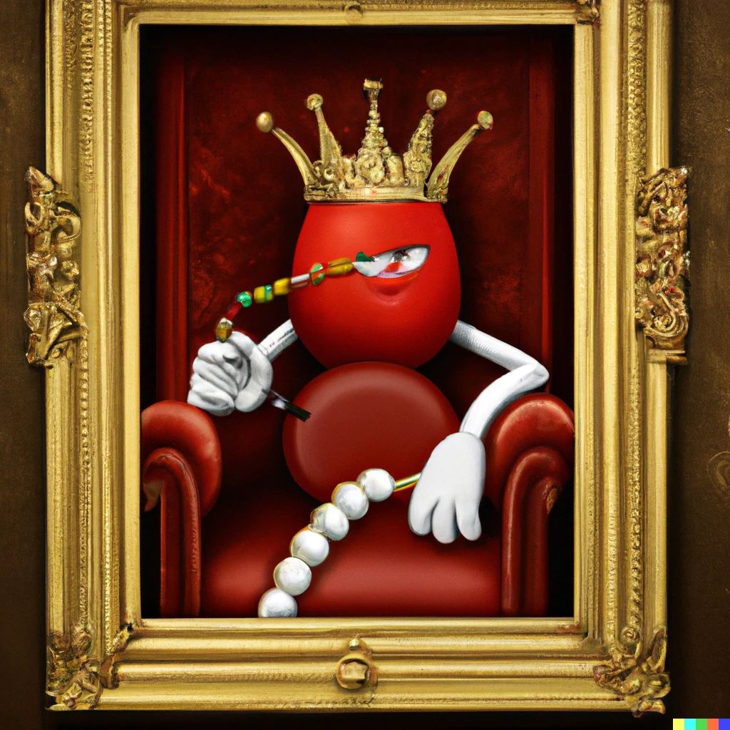 Prompt: Concept art of the red M&M on a throne, with a crown on his head and a scepter in his hand, framed in a golden frame