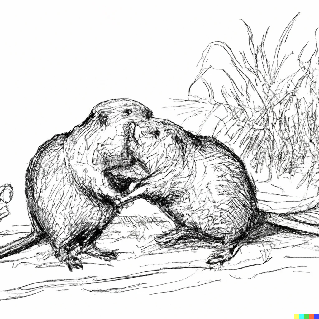 Prompt: 1800s field-journal style line art of two muskrats slow-dancing, very detailed