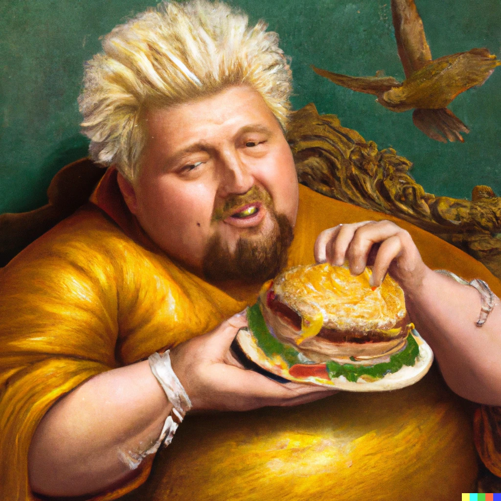 Prompt: Baroque painting of guy fieri eating the biggest cheeseburger in flavortown