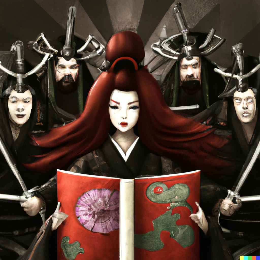Prompt: Picture of japanese ronin samurais protecting a redhead queen holding a sacred book