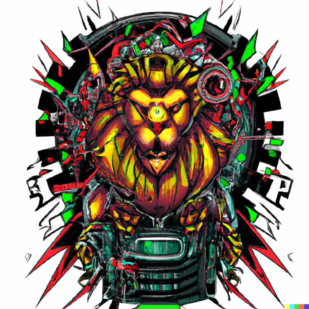 Prompt: a frightening lion king in a cyberpunk jungle tattoo