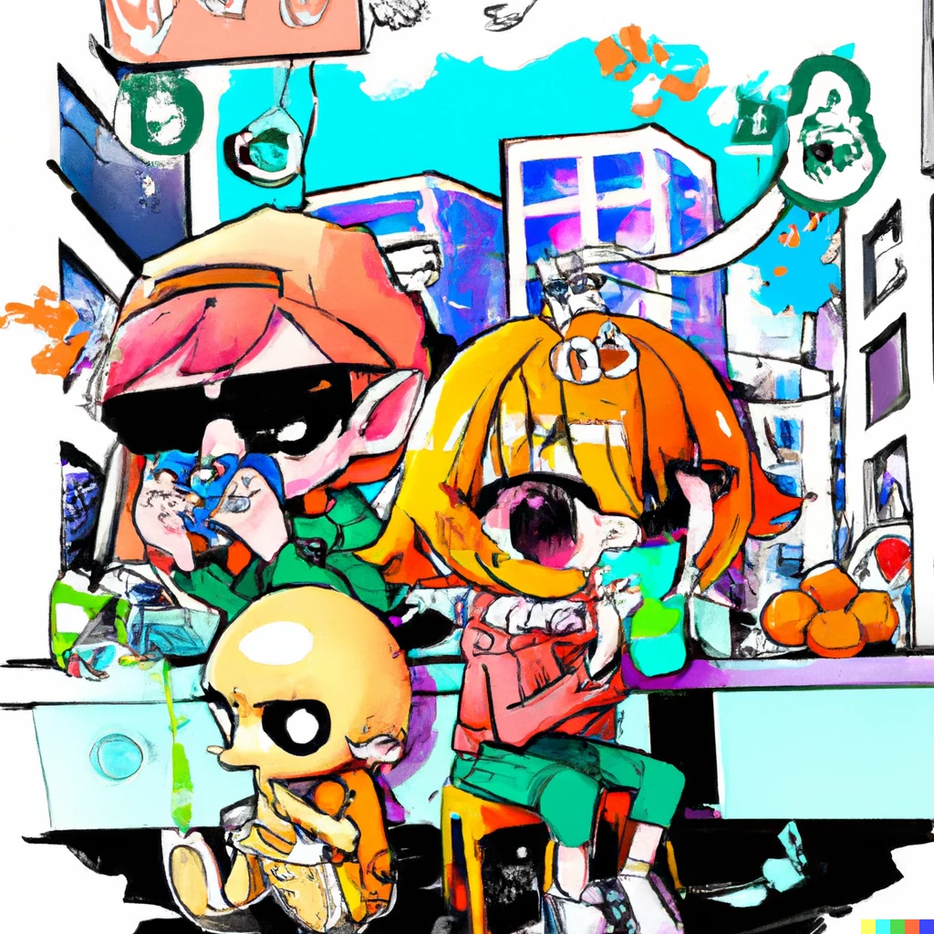 Prompt: splatoon inkling in real world   are drinking juice in tokyo mid city .draw by real real illust