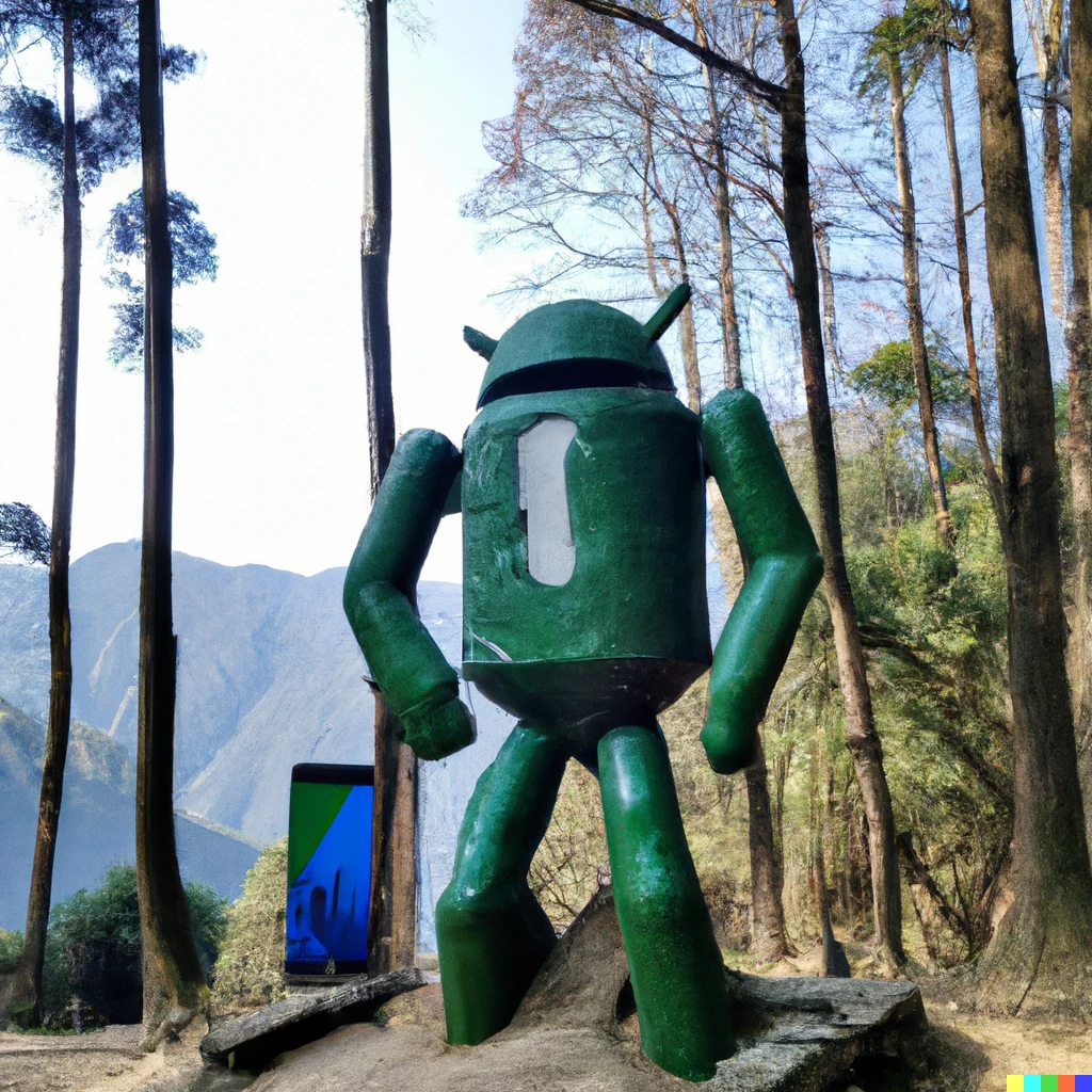 Prompt: Giant Android monument on 岐阜 forest