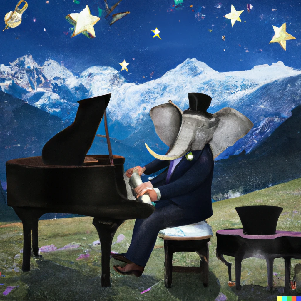 Prompt: An elephant in a tuxedo and top playing a grand piano in the Italian alps under the starry night sky 