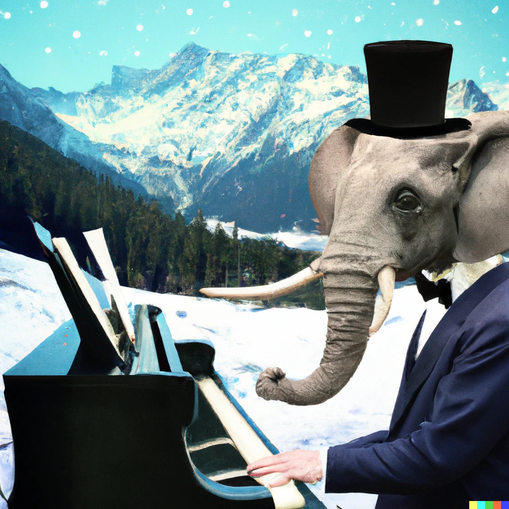 Prompt: An elephant in a tuxedo playing a grand piano in the Italian alps