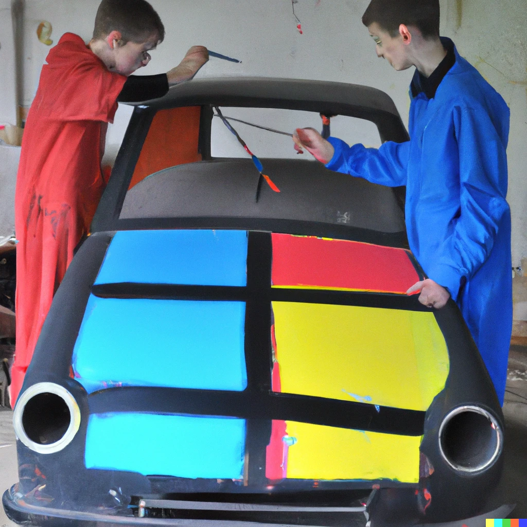 Prompt: Ben and Tom painting a car in the style of Mondrian