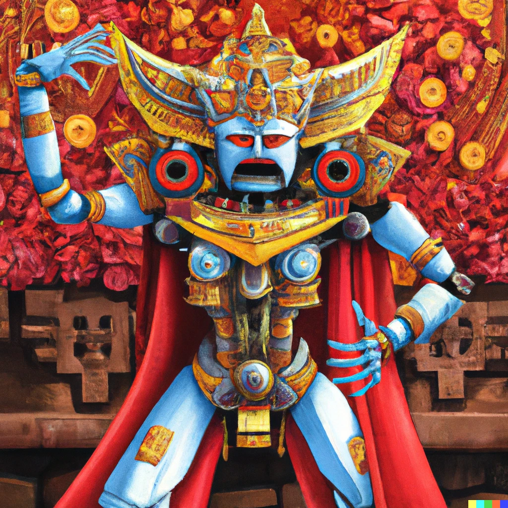 Prompt: ultron robot performing balinese dancing in bali painting